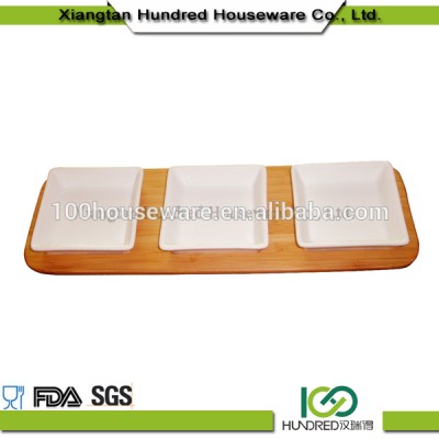 3pcs Best quality eco-friendly hand bamboo tray sets with natural ceramic dishes